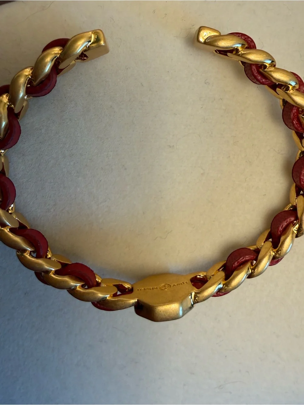 Tory Burch Red Leather and Gold Logo Chain Cuff